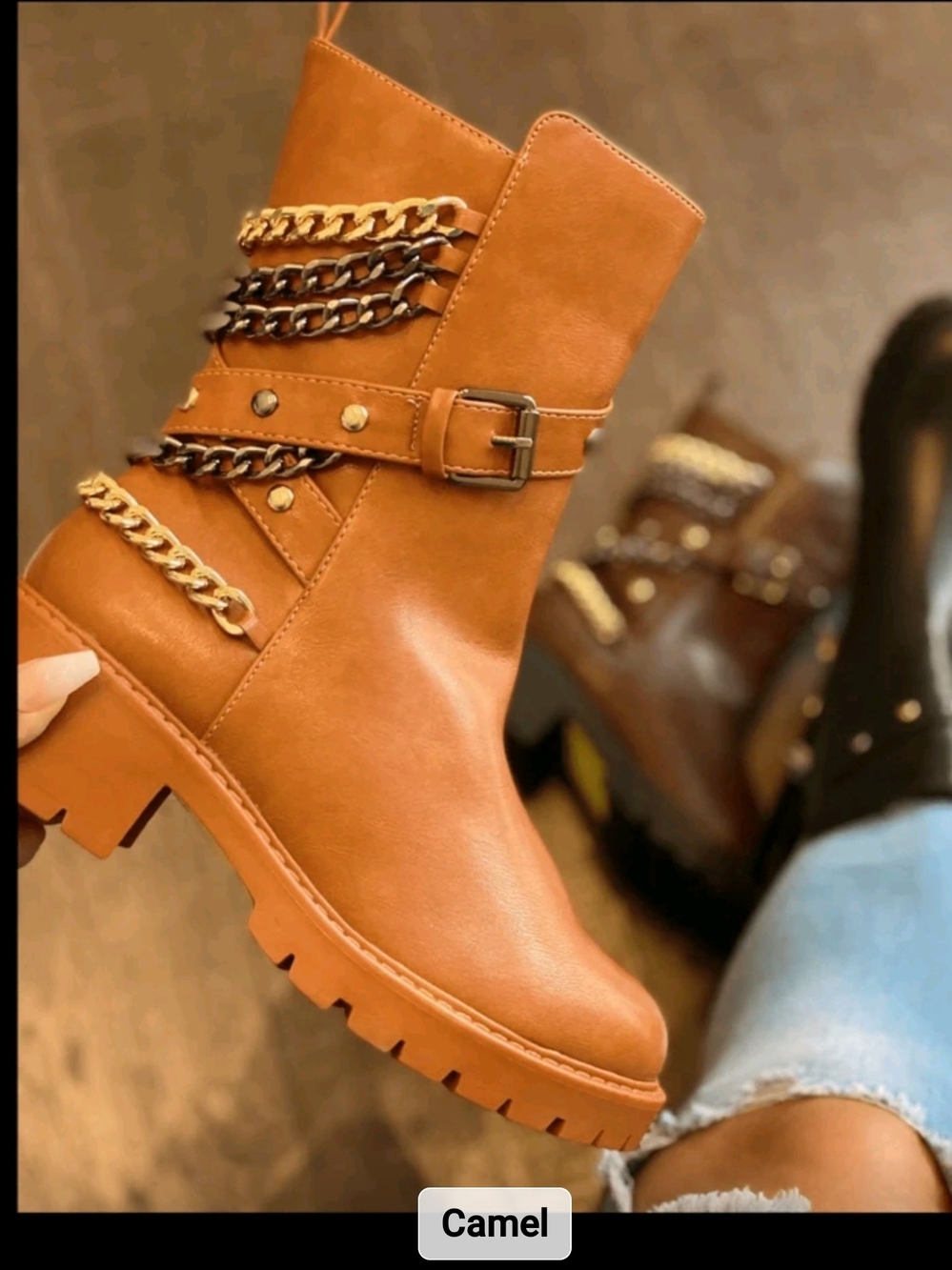 Camel Chain-Accent Women’s Mid-Calf Boot